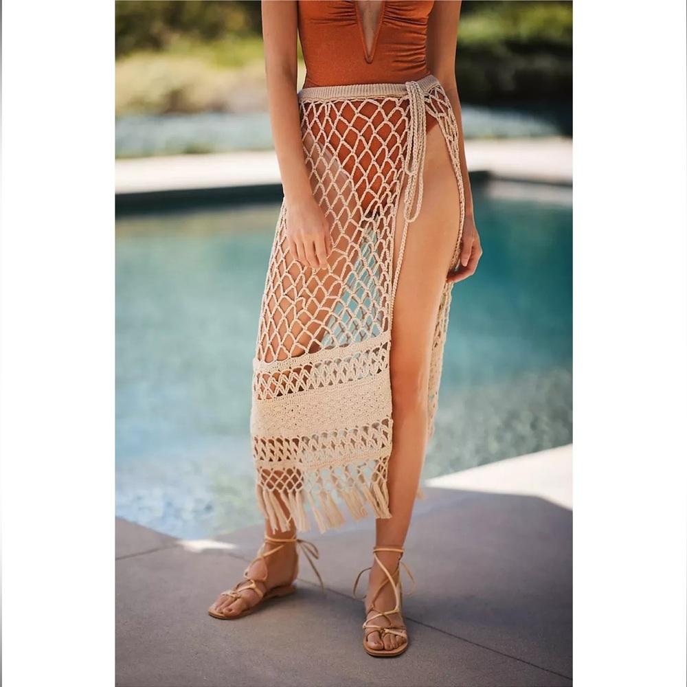 Anthropologie Crochet Beach Wrap Maxi Skirt One Size Fringe Tan Adjustable